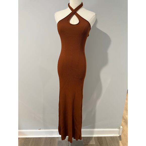 DISSH Toni Halter Dress Brown Keyhole Ribbed Knit Keyhole Maxi Size Small - Picture 2 of 7